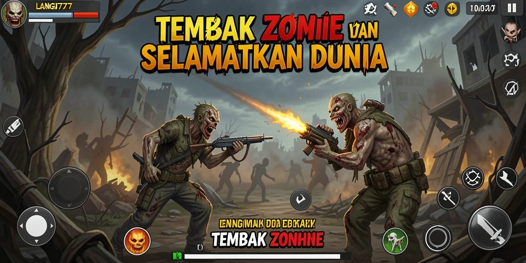 Tampilan antarmuka LANGIT777 memperlihatkan aksi seru melawan zombie.