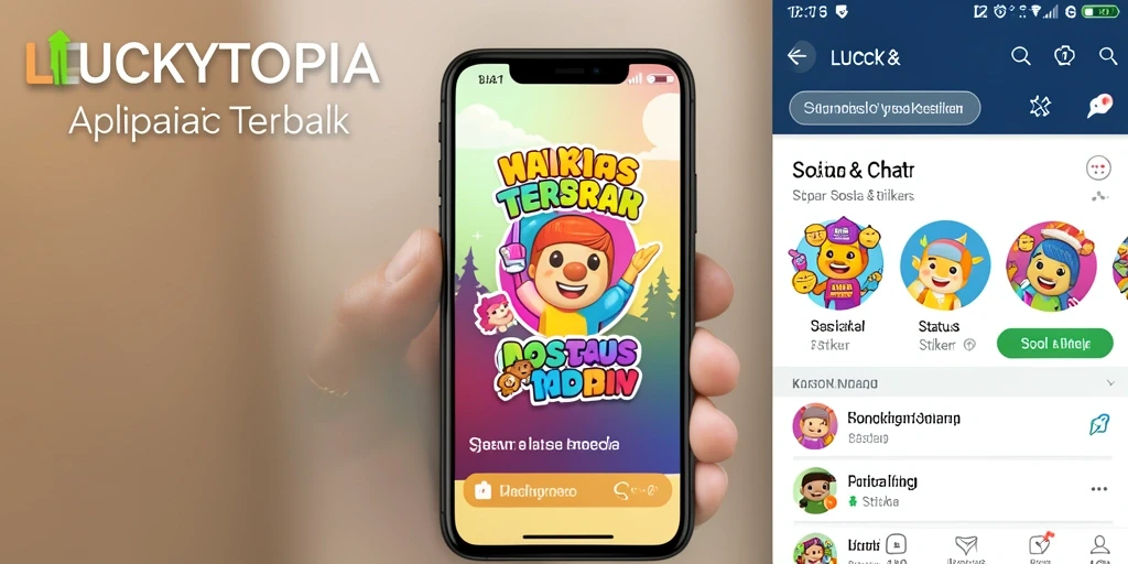 Tampilan antarmuka LUCKYTOPIA dengan berbagai pilihan stiker.